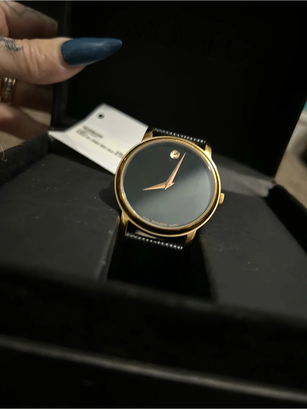 Authentic Movado Black Dial Rose Gold-Tone Case Leather Strap Unisex Watch